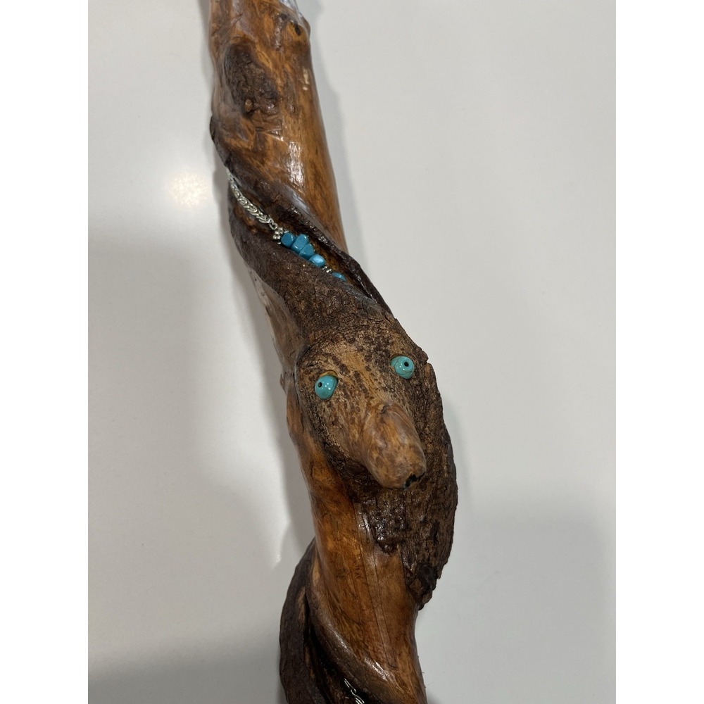 Hand Carved Wooden Walking Stick Spiral Cane with Turquoise Silver Inlay 51" - Picture 5 of 13
